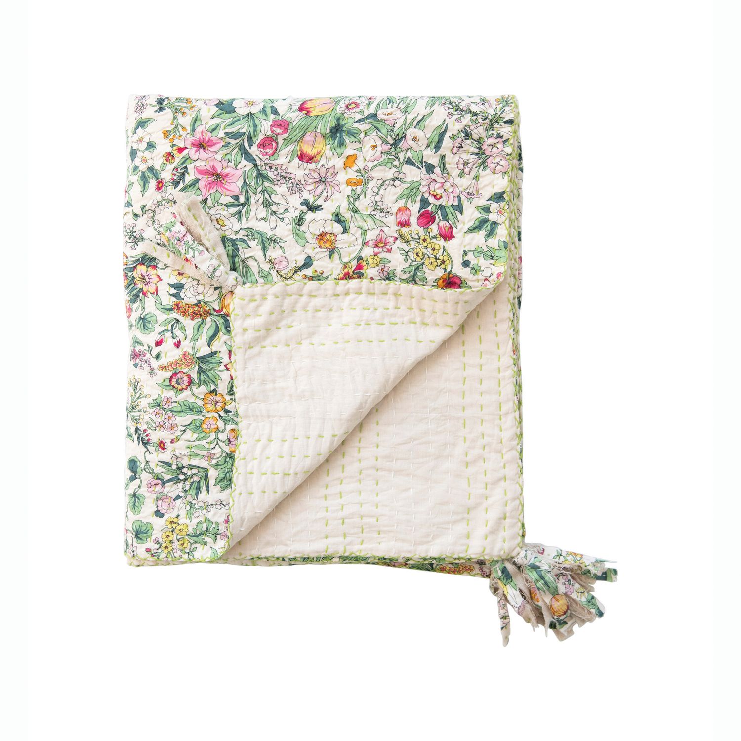 Kantha Quilted Cotton Throw with Floral Pattern