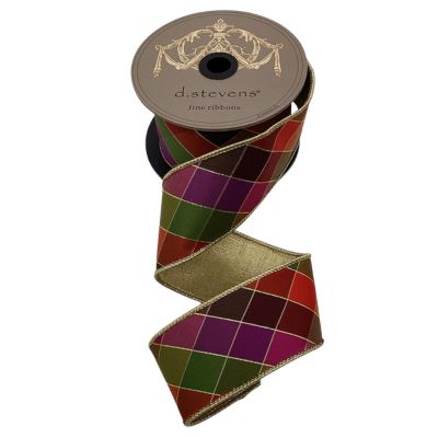 2.5" x 10yds dupion colorful stain glass check, fuchsia green purple