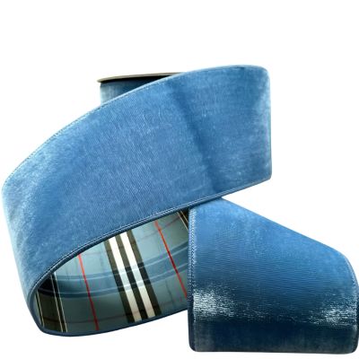 4" x 10yds velvet blue black plaid back, dusty blue
