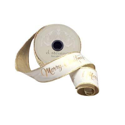 1.5" x 10yds linen gold merry christmas, ivory