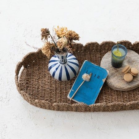 Hand-Woven Bankuan Scalloped Tray with Handles, Natural