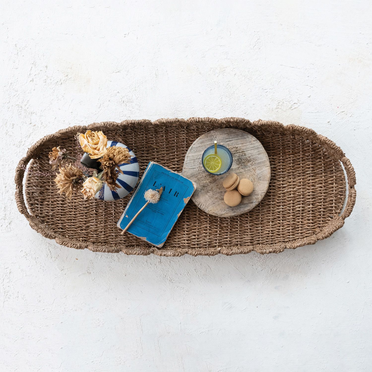 Hand-Woven Bankuan Scalloped Tray with Handles, Natural
