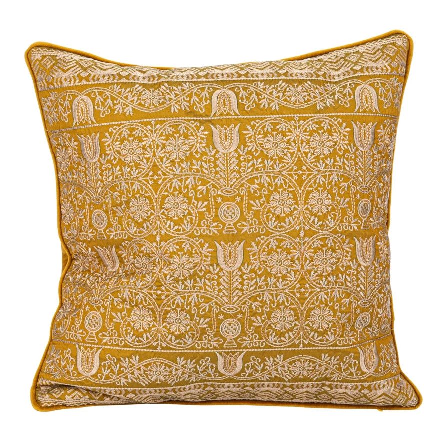 18in. Sq Yellow Cotton Velvet Embroidered Pillow