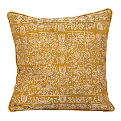 18in. Sq Yellow Cotton Velvet Embroidered Pillow