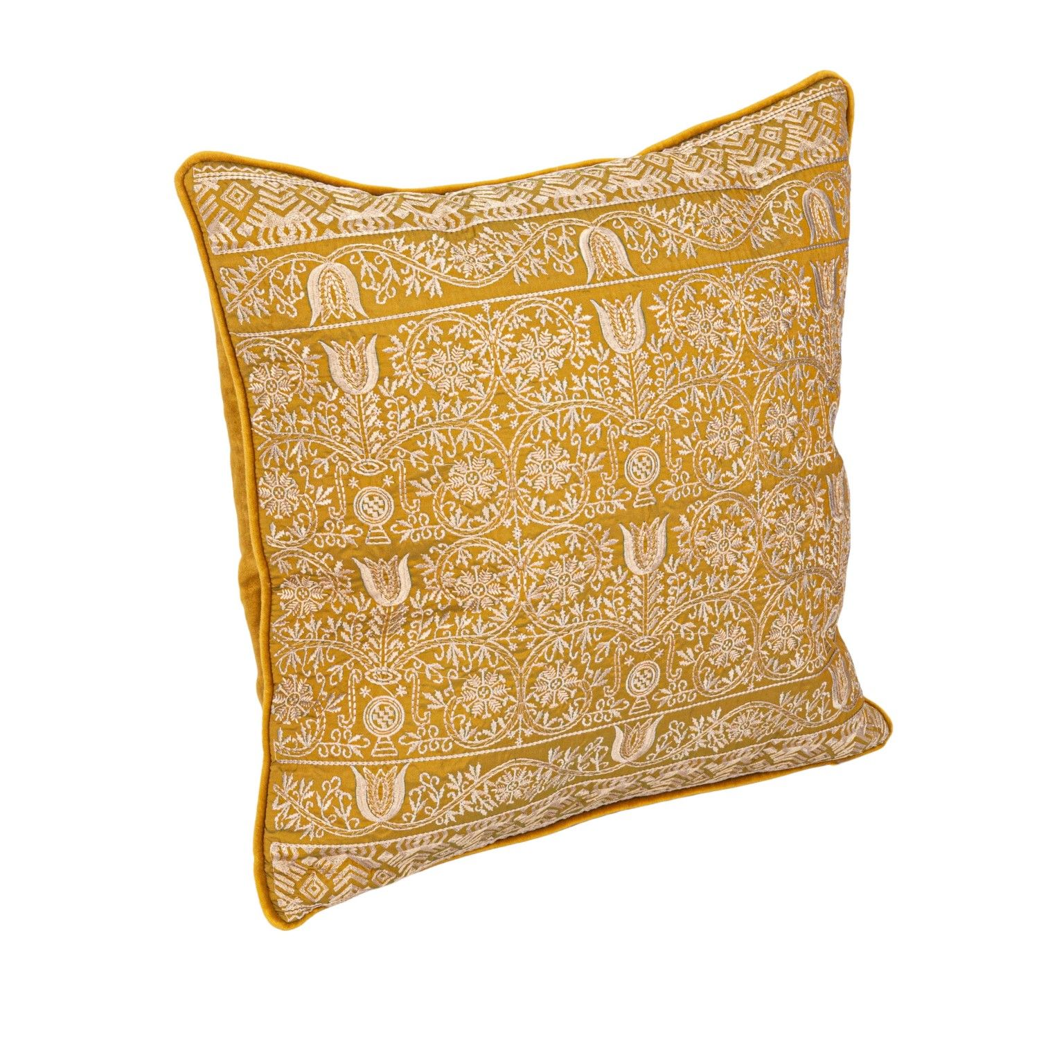 18in. Sq Yellow Cotton Velvet Embroidered Pillow