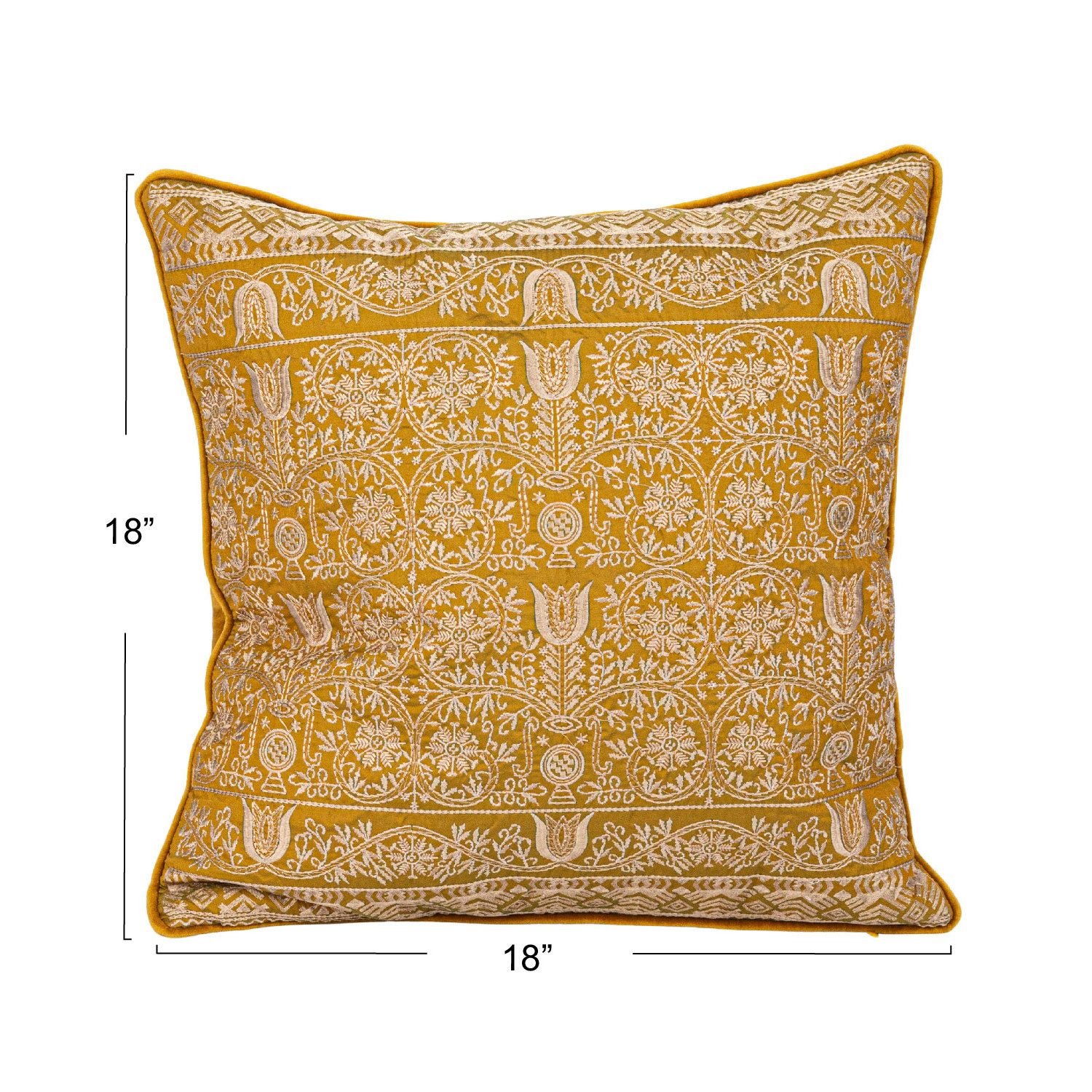 18in. Sq Yellow Cotton Velvet Embroidered Pillow