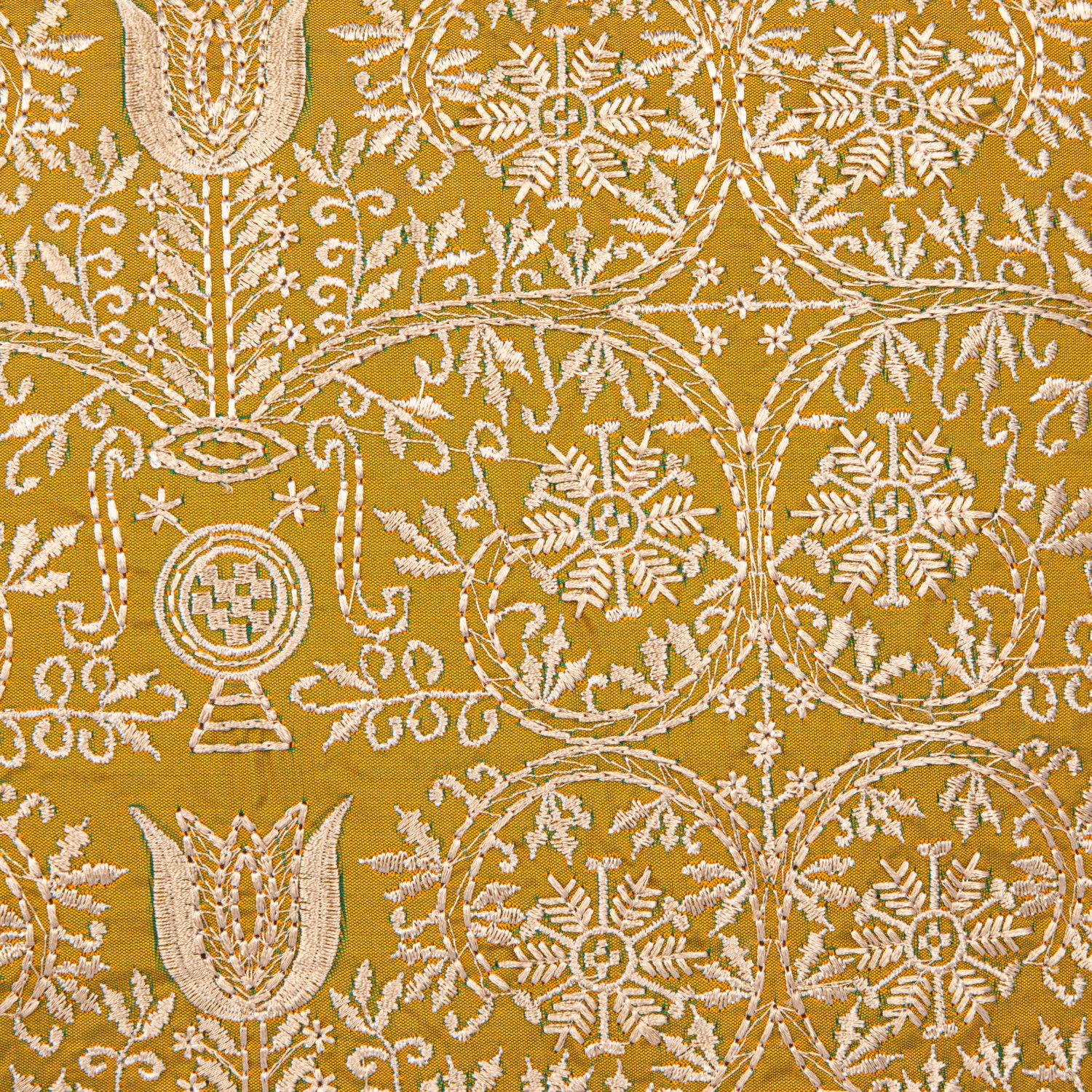 18in. Sq Yellow Cotton Velvet Embroidered Pillow