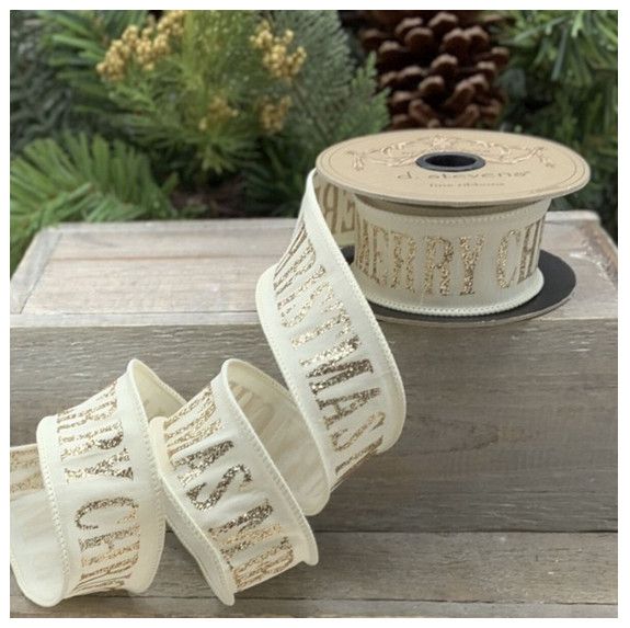 1.5" x 10yds faux dupion glitter Merry Christmas, cream