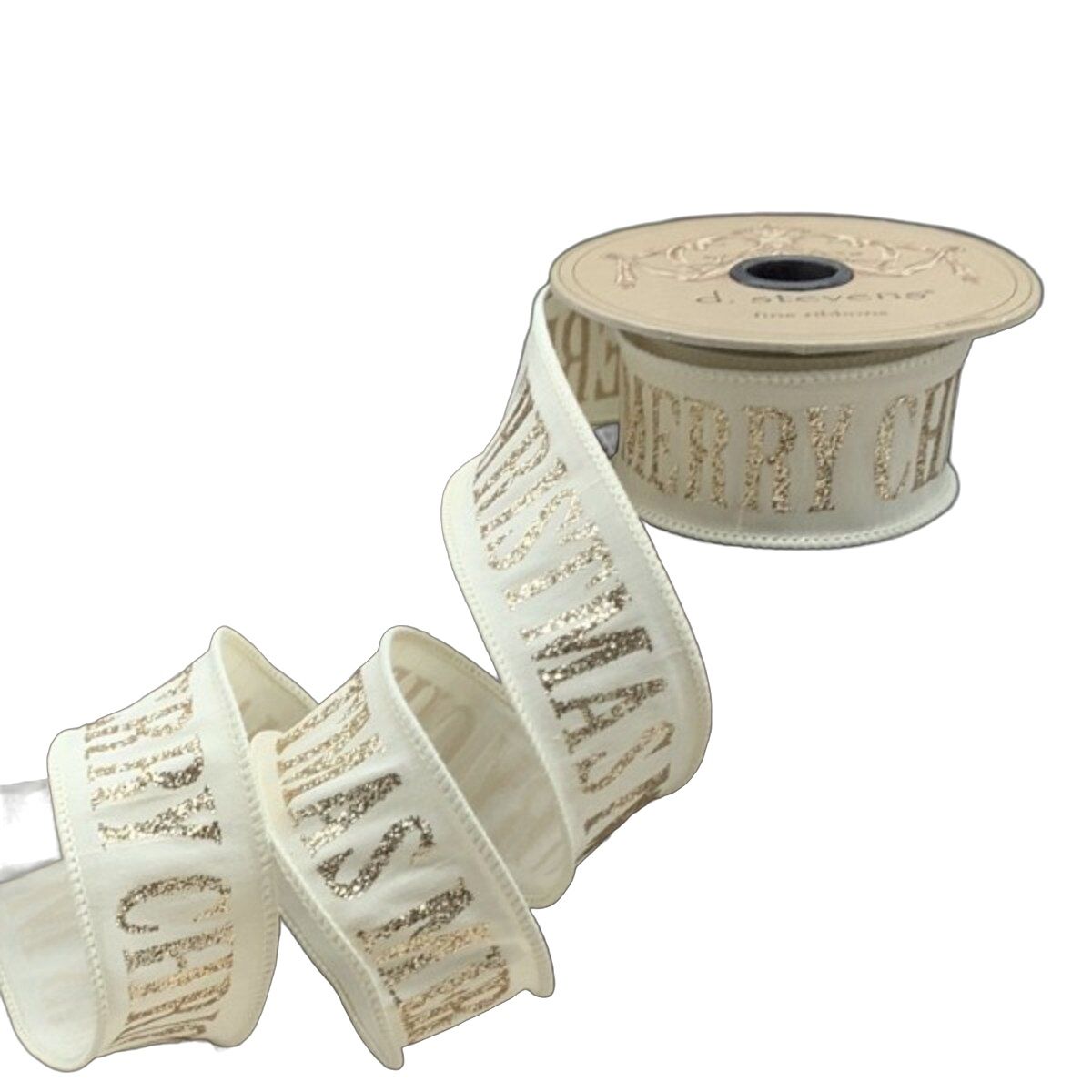 1.5" x 10yds faux dupion glitter Merry Christmas, cream