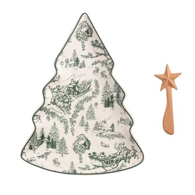 12" GREEN TOILE PLATTER W/ TONGS
