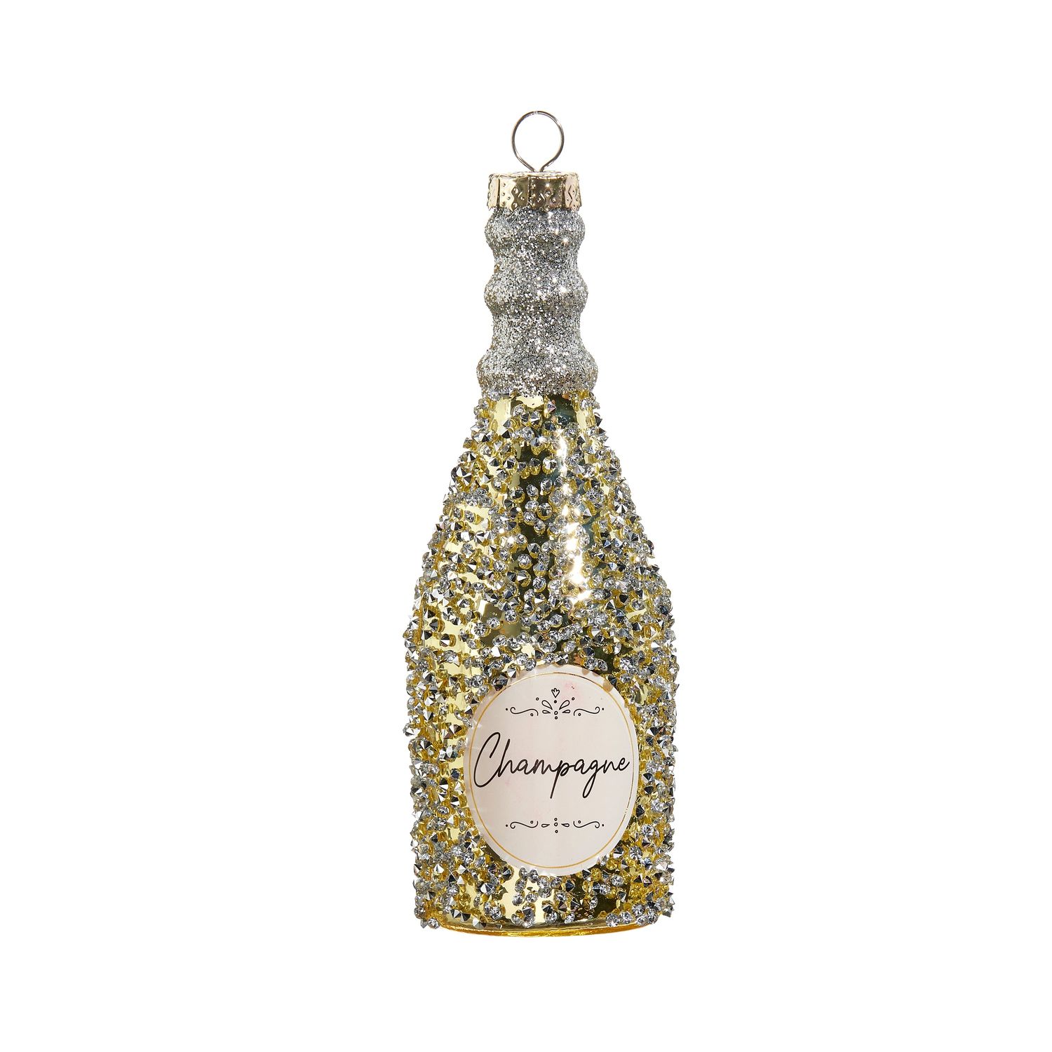 * 5" GLITTERED CHAMPAGNE BOTTLE ORNAMENT