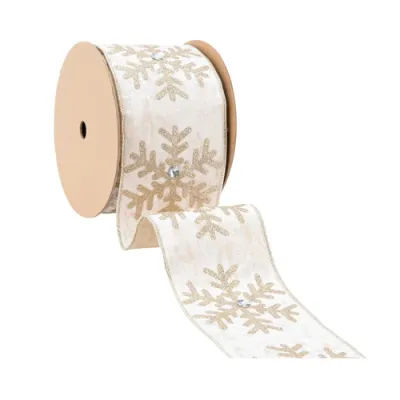 4"X10YD Wired Velvet | Glitter Snowflake with Jewel on Champagne