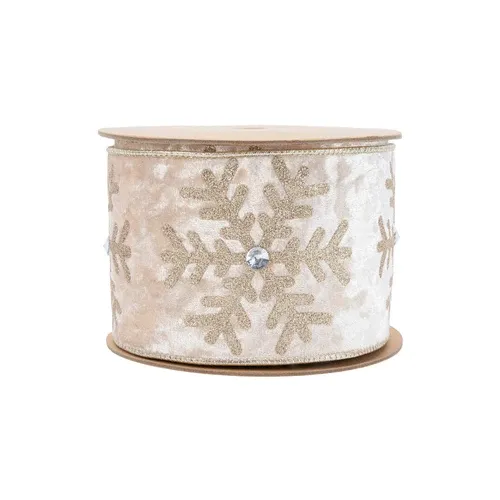 4"X10YD Wired Velvet | Glitter Snowflake with Jewel on Champagne