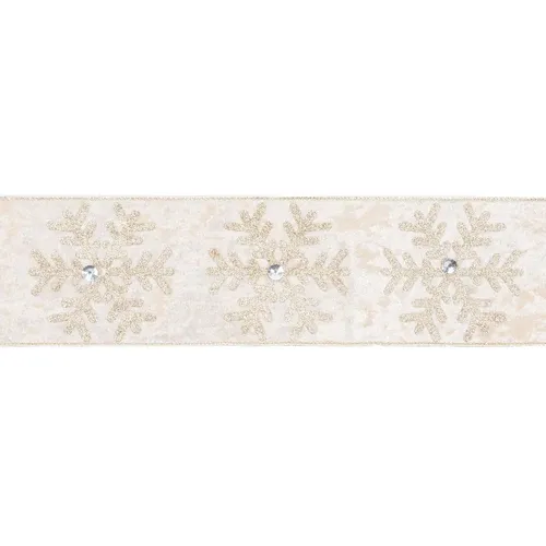 4"X10YD Wired Velvet | Glitter Snowflake with Jewel on Champagne