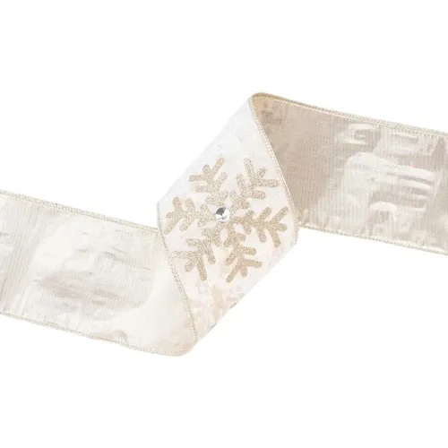 4"X10YD Wired Velvet | Glitter Snowflake with Jewel on Champagne