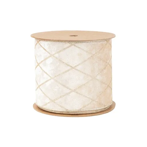 4" Wired Velvet Ribbon Ivory with Diamond | 10 Yard Roll