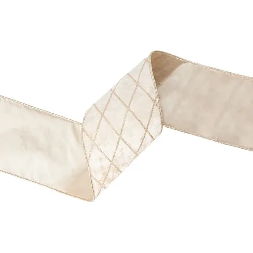 4" Wired Velvet Ribbon Ivory with Diamond | 10 Yard Roll