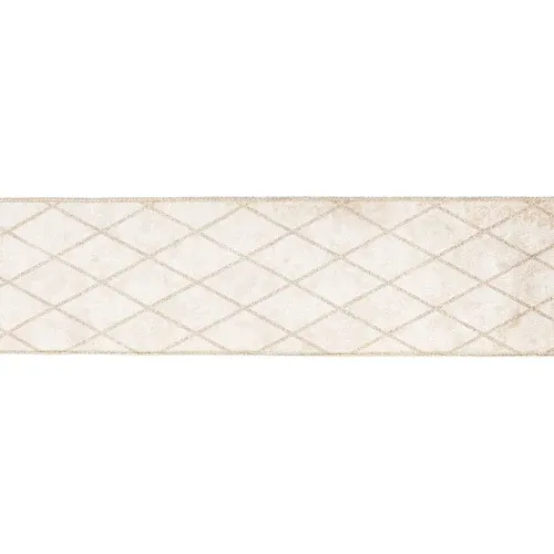4" Wired Velvet Ribbon Ivory with Diamond | 10 Yard Roll