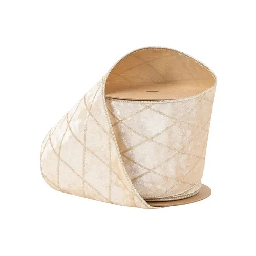 4" Wired Velvet Ribbon Ivory with Diamond | 10 Yard Roll