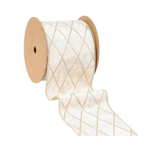 4" Wired Velvet Ribbon Ivory with Diamond | 10 Yard Roll