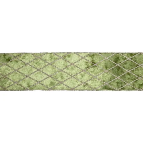 4" Wired Velvet Ribbon Green with Diamond | 10 Yard Roll