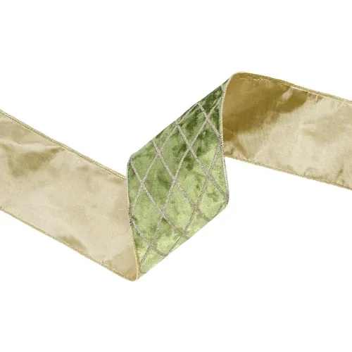 4" Wired Velvet Ribbon Green with Diamond | 10 Yard Roll