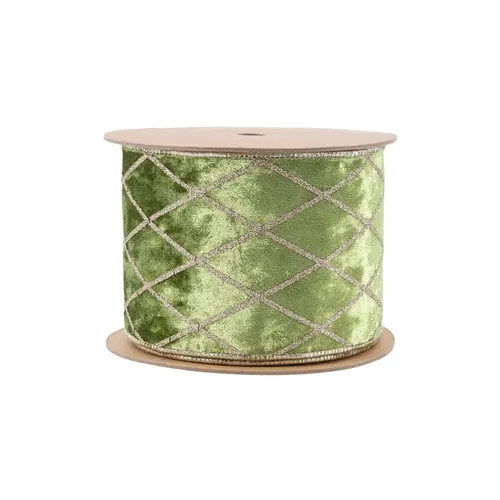 4" Wired Velvet Ribbon Green with Diamond | 10 Yard Roll