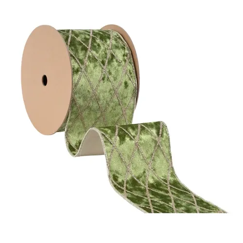 4" Wired Velvet Ribbon Green with Diamond | 10 Yard Roll