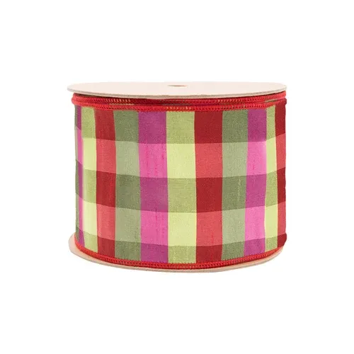 4" Green/Pink/Red Check Plaid Wired Ribbon