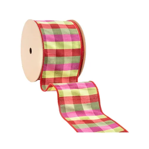 4" Green/Pink/Red Check Plaid Wired Ribbon