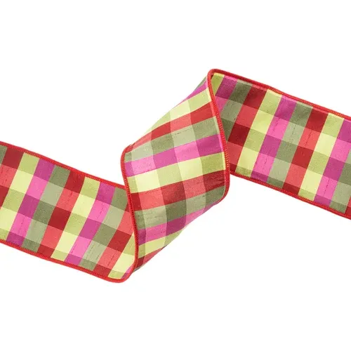 4" Green/Pink/Red Check Plaid Wired Ribbon