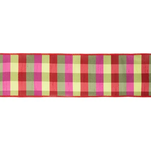 4" Green/Pink/Red Check Plaid Wired Ribbon