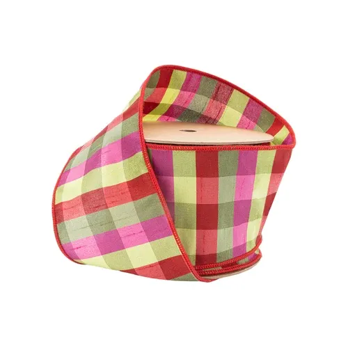 4" Green/Pink/Red Check Plaid Wired Ribbon