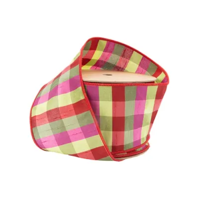 4" Green/Pink/Red Check Plaid Wired Ribbon