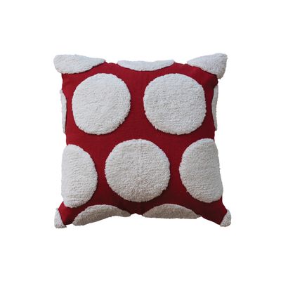 18" Square Cotton Slub Pillow w/ Tufted Dots, Red &amp; White