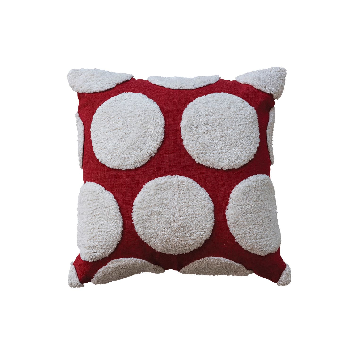 18" Square Cotton Slub Pillow w/ Tufted Dots, Red &amp; White