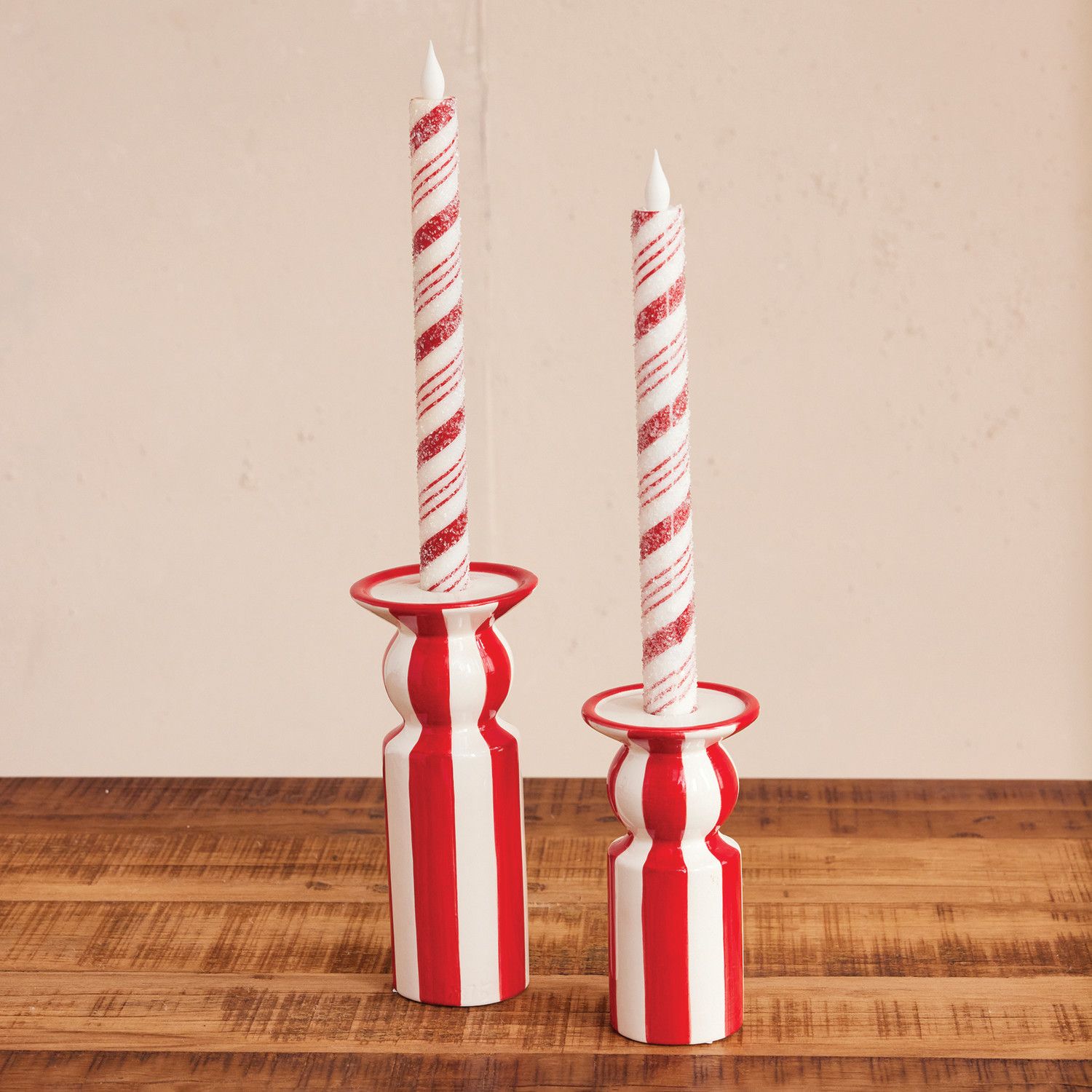 Ceramic Striped Taper Holder, Red &amp; White
