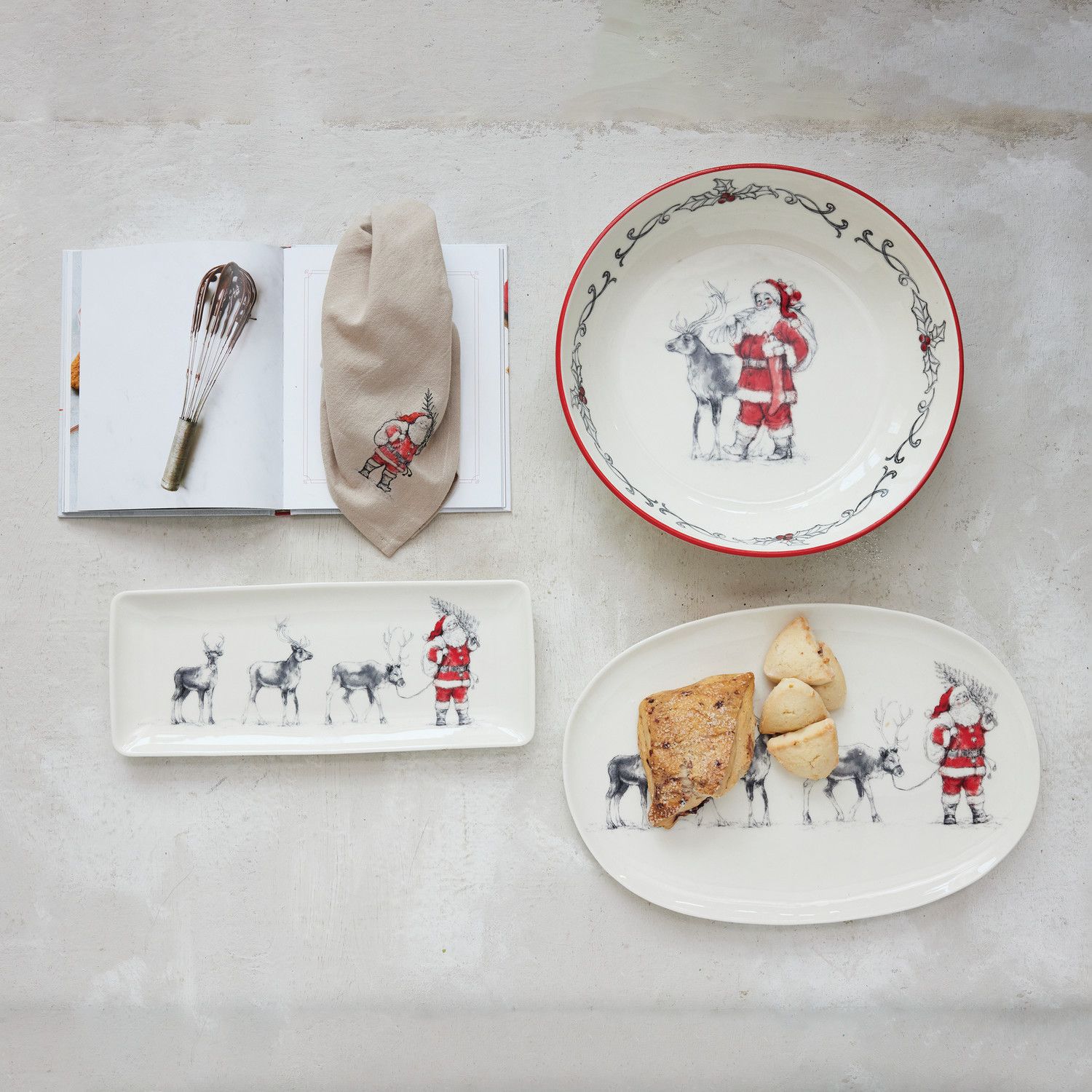 Oval Stoneware Serving Platter with Santa Leading Reindeer Image ©