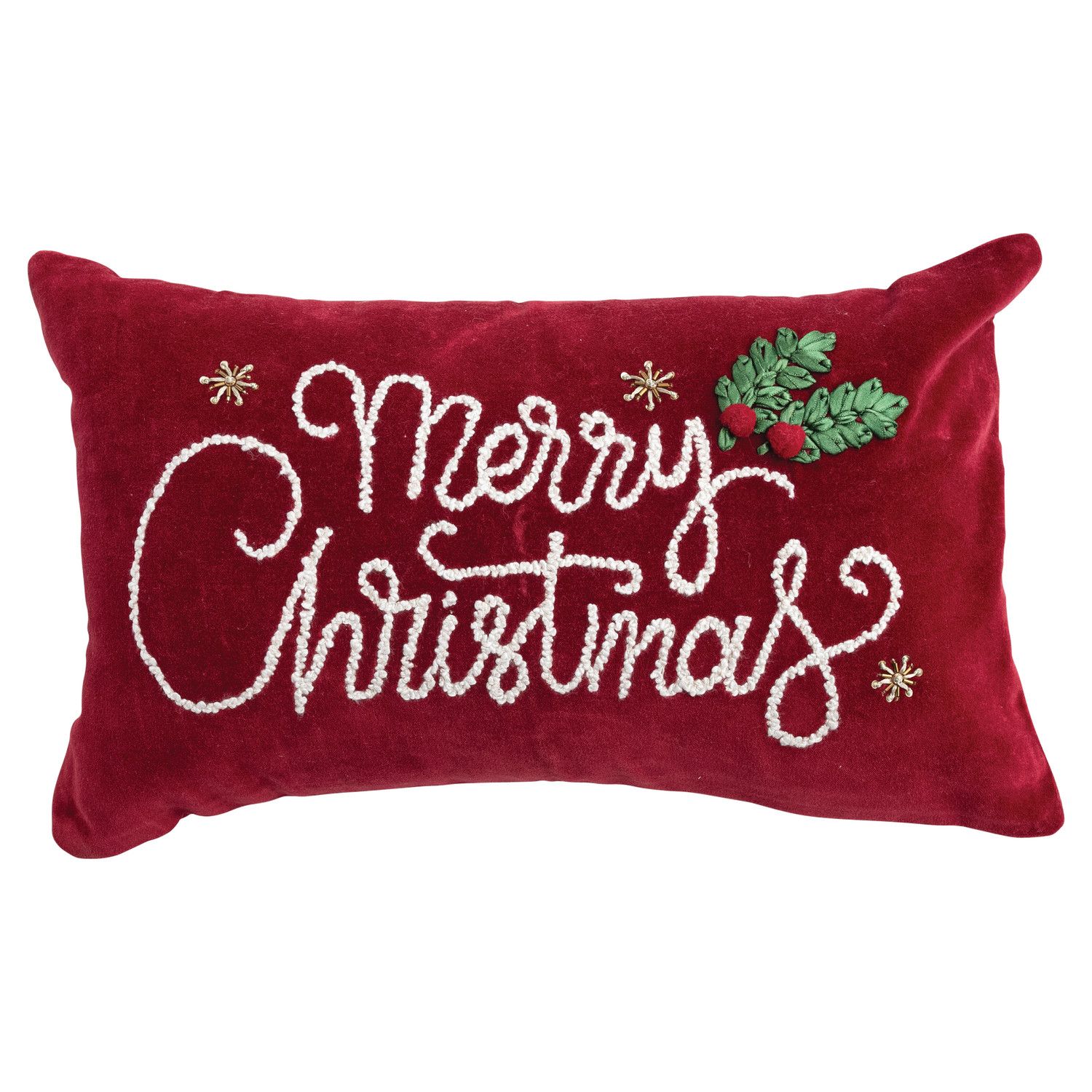Cotton Velvet Lumbar Pillow with Embroidery &amp; Applique "Merry Christmas"