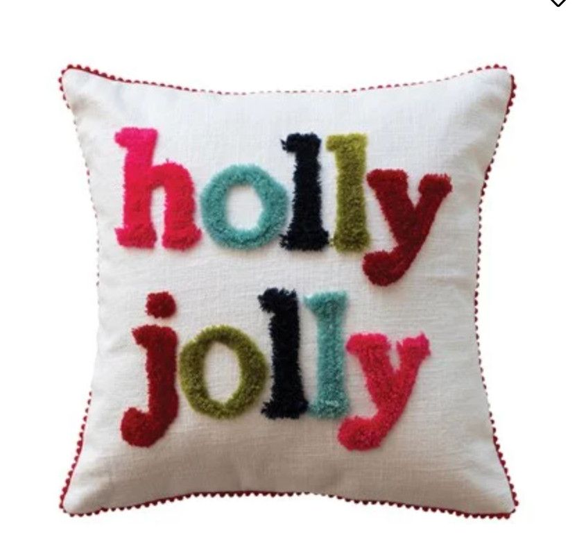 16" Square Cotton Slub Pillow w/ Tufting &amp; Pom Pom Trim "holly jolly", Multi Color