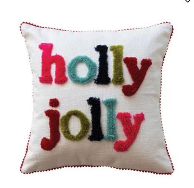 16" Square Cotton Slub Pillow w/ Tufting &amp; Pom Pom Trim "holly jolly", Multi Color