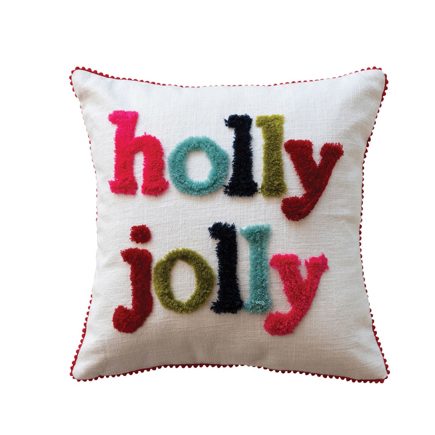 16" Square Cotton Slub Pillow w/ Tufting &amp; Pom Pom Trim "holly jolly", Multi Color