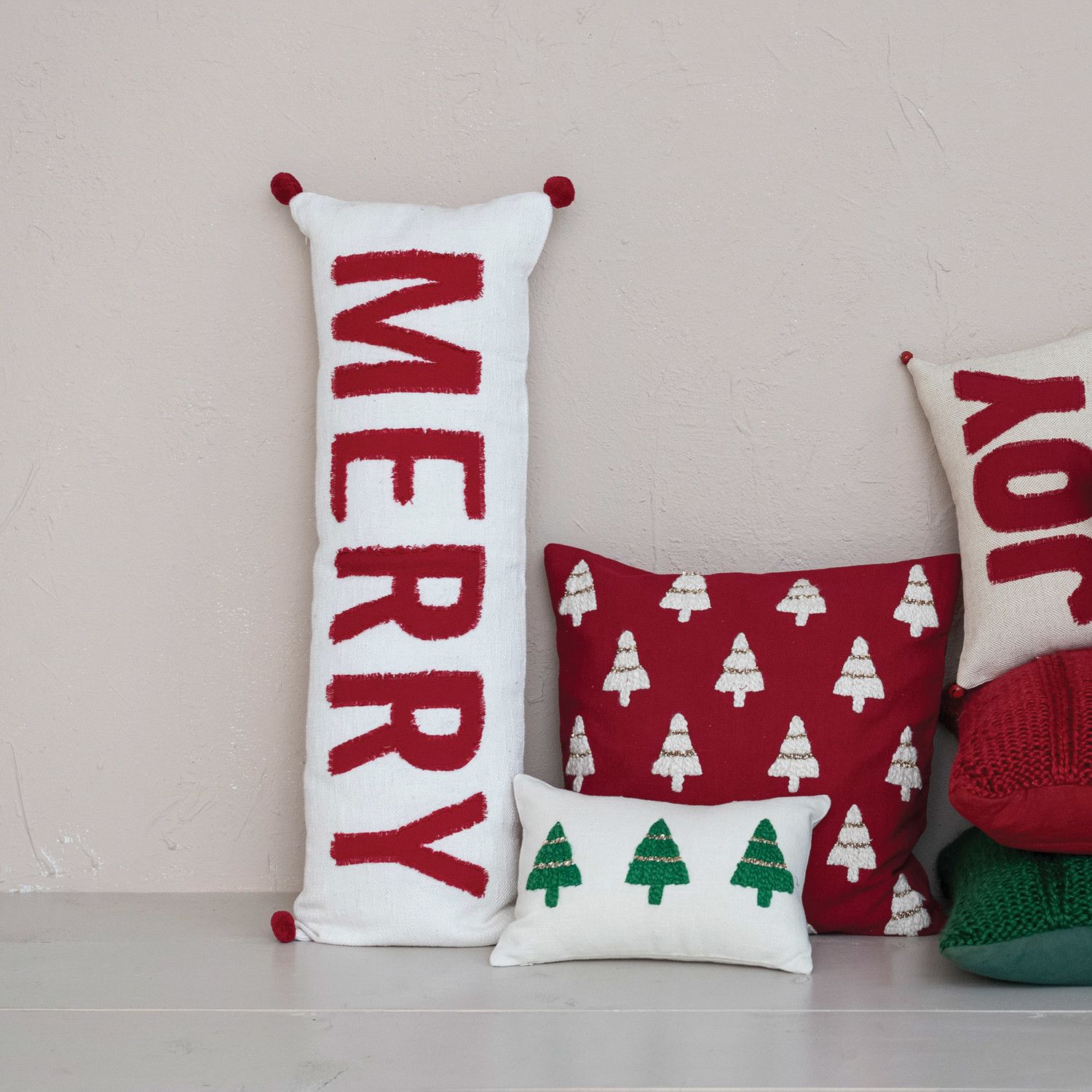 14"L x 9"H Cotton Slub Lumbar Pillow w/ Embroidered Christmas Trees &amp; Beads