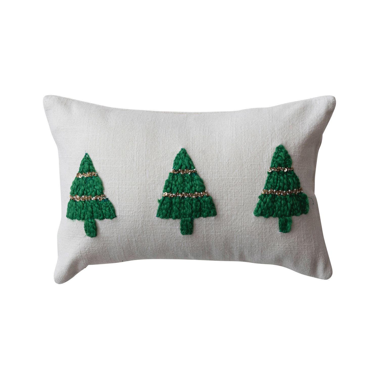 14"L x 9"H Cotton Slub Lumbar Pillow w/ Embroidered Christmas Trees &amp; Beads