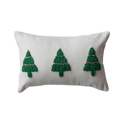 14"L x 9"H Cotton Slub Lumbar Pillow w/ Embroidered Christmas Trees &amp; Beads