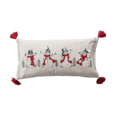 Lumbar Pillow with Embroidered Snowmen &amp; Birds Image ©