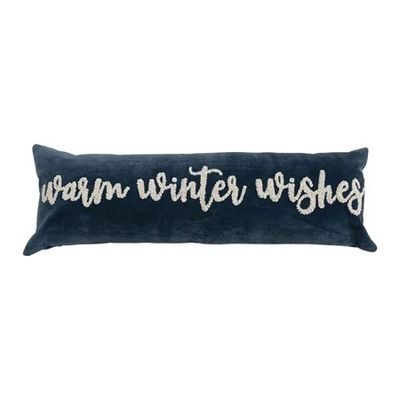 Woven Cotton Velvet Lumbar Pillow with Embroidered "Warm Winter Wishes"