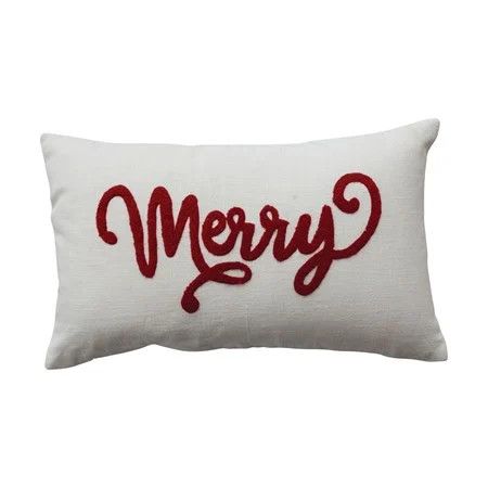 Cotton Slub Lumbar Pillow with Embroidered "Merry", Natural &amp; Red