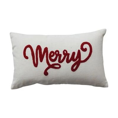 Cotton Slub Lumbar Pillow with Embroidered "Merry", Natural &amp; Red