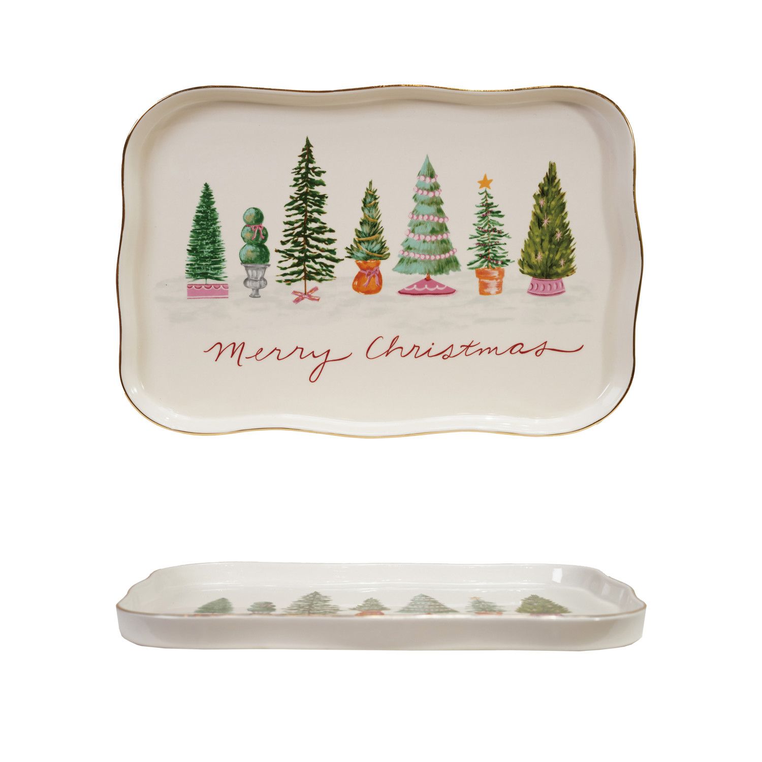 Stoneware Scalloped Platter with Trees &amp; Gold Electroplating ©